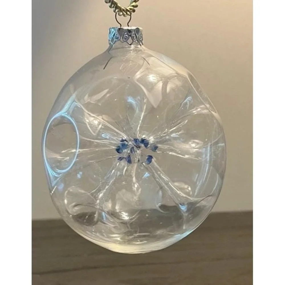 Vintage West Germany Hand Blown Clear Art Glass Christmas Ornament Blue Center